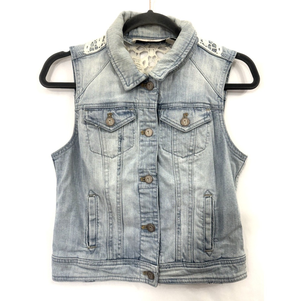 Pilcro and the Letterpress Blue Denim Crochet Vest Womens XS *Distressed